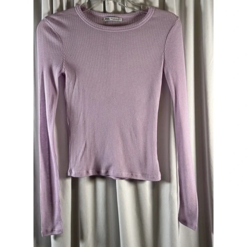 ZARA‎ Lilac Purple Ribbed Long Sleeve Crew Neck Cropped Top S Streetwear 73-39